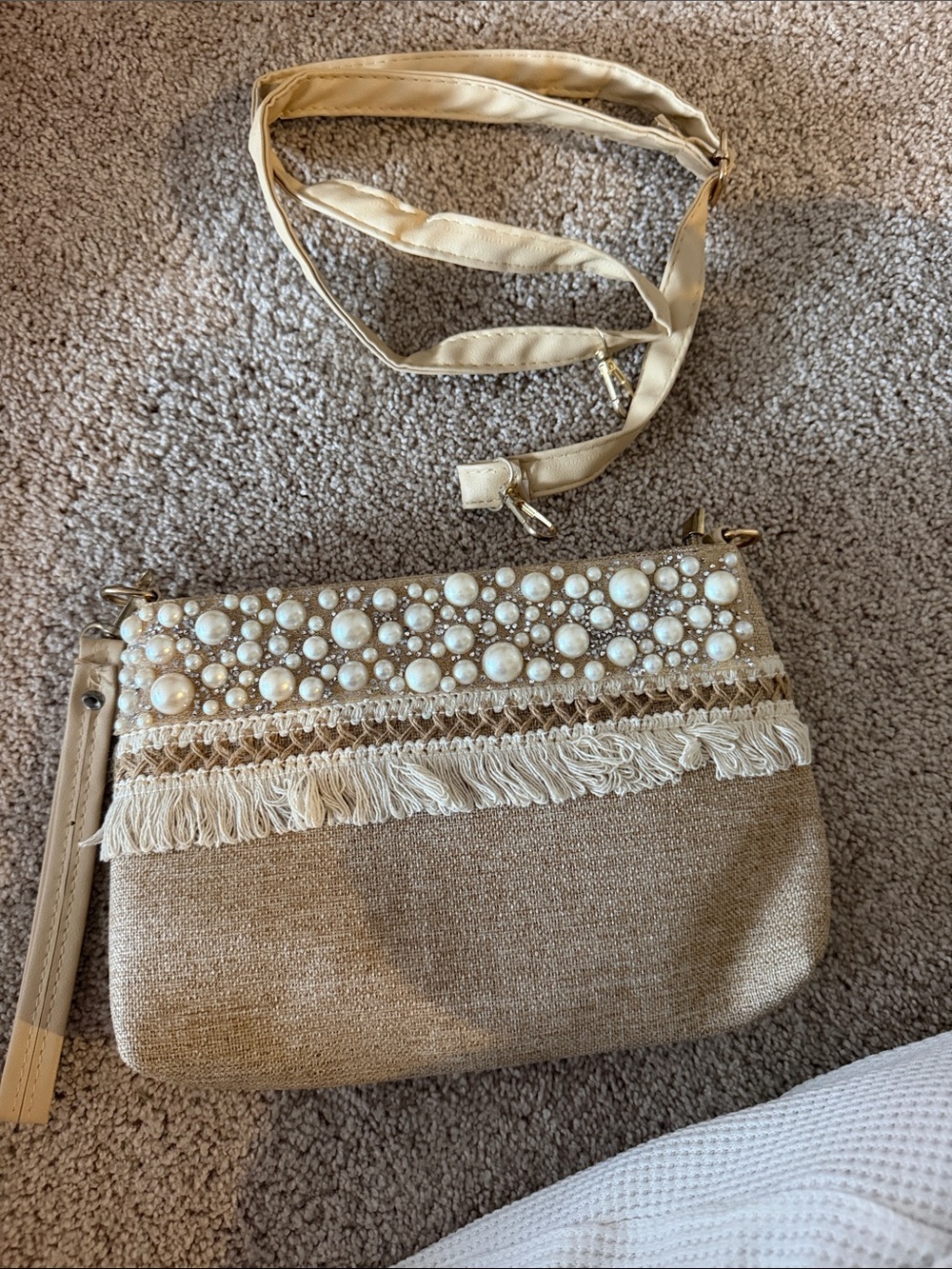 Beige Pearl-Embellished Crossbody Bag - Women's